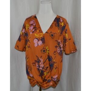 Tiny Anthropologie Floral Wrap Top Womens Sz XL Rust Orange Boho Flutter Sleeve‎